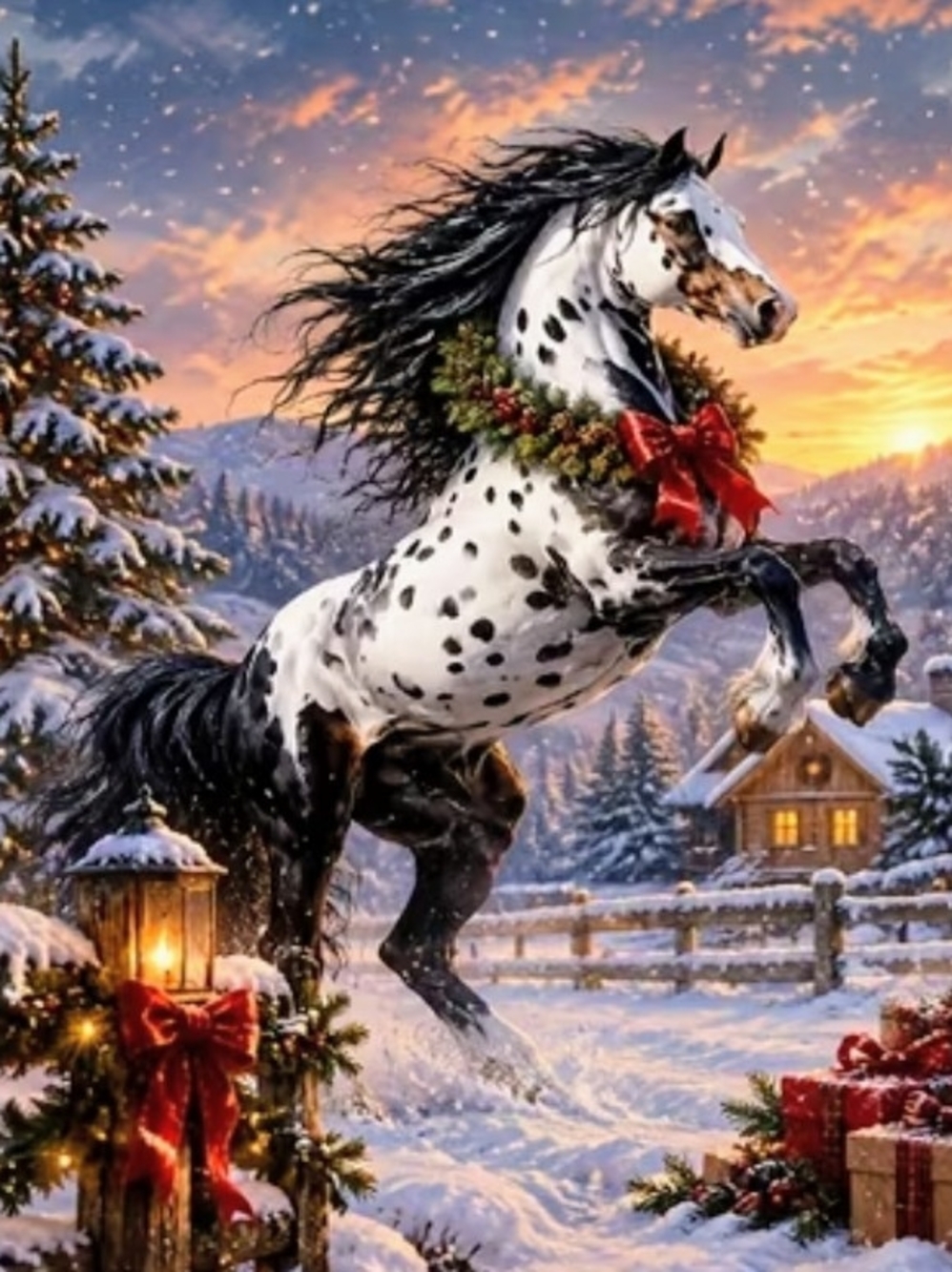 Holiday Appaloosa Horse Winter Art Print - White & Black 8x10